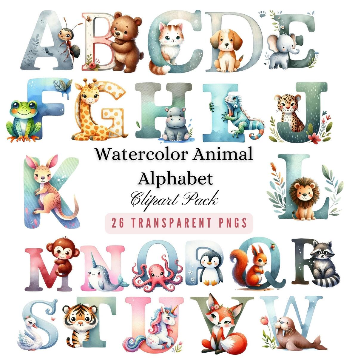 Animal Alphabet Clipart Bundle Printable Letters Cute Animal Clipart 26 Transparent PNG ABC Animal Letters Of The Alphabet Commercial Use Etsy