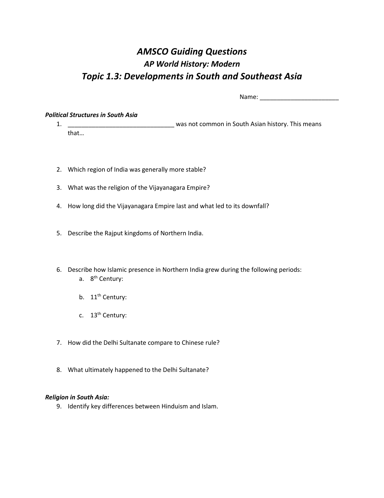 AP World History South Southeast Asia Guiding Questions