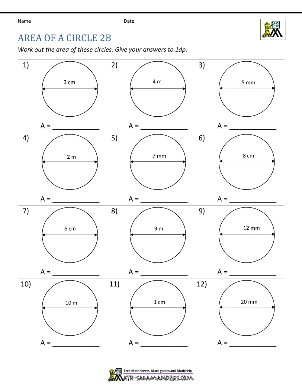 Area Of A Circle Worksheets