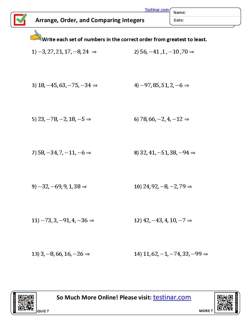 Arrange Order And Comparing Integers Worksheets Arrange Order And Comparing Integers Worksheets