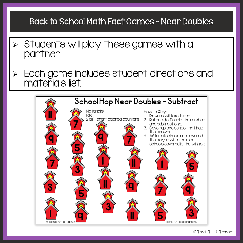 Back To School Addition Near Doubles Strategy Math Fact Games Partner Centers Made By Teachers