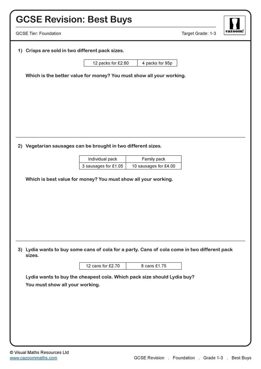 Best Buys GCSE Questions GCSE Revision Questions Grade 7 BEST BUYS Unit Pricing Worksheets Project Digital And Printable Australian Teachers Marketplace Worksheets Library