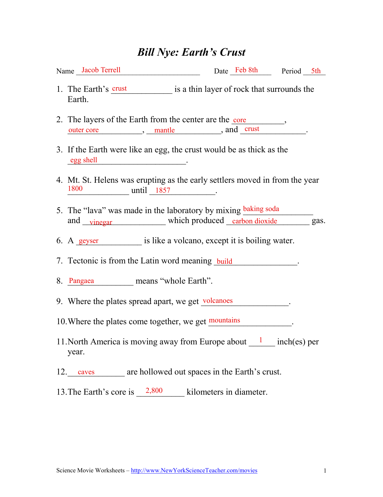 Printable Bill Nye Motion Worksheets