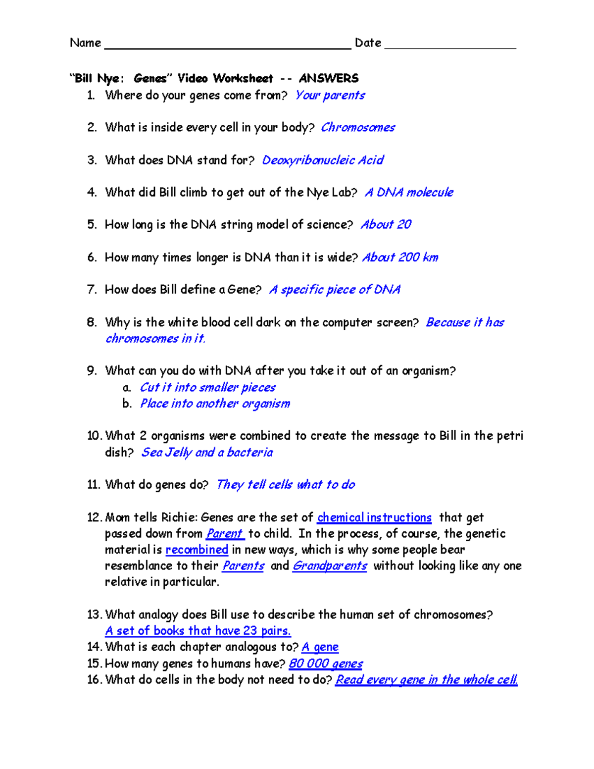 Bill Nye Genes Video Worksheet Answer Key Biology 101 Studocu