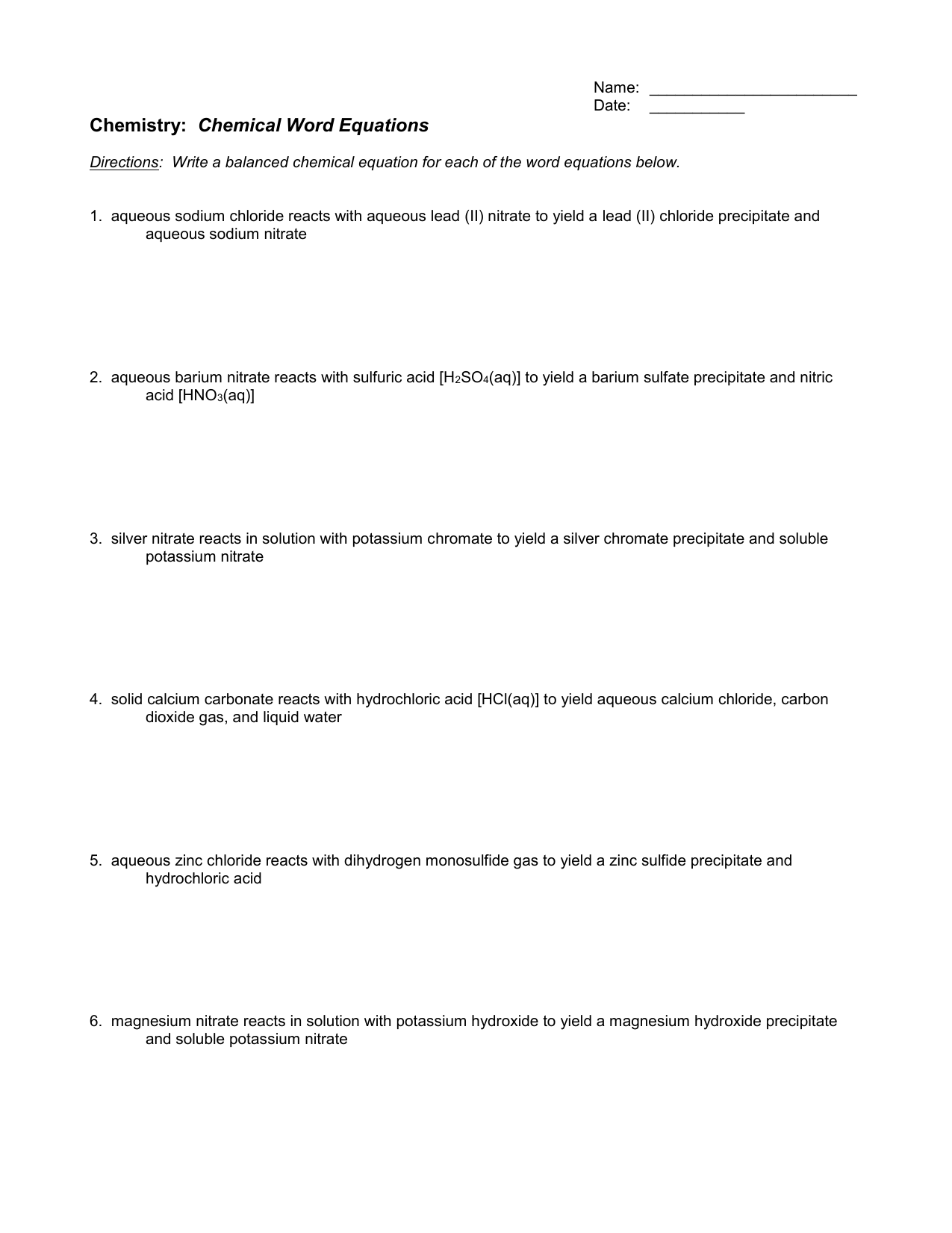 Chemistry Worksheet Answers Word Equations Balancing Equations Studocu