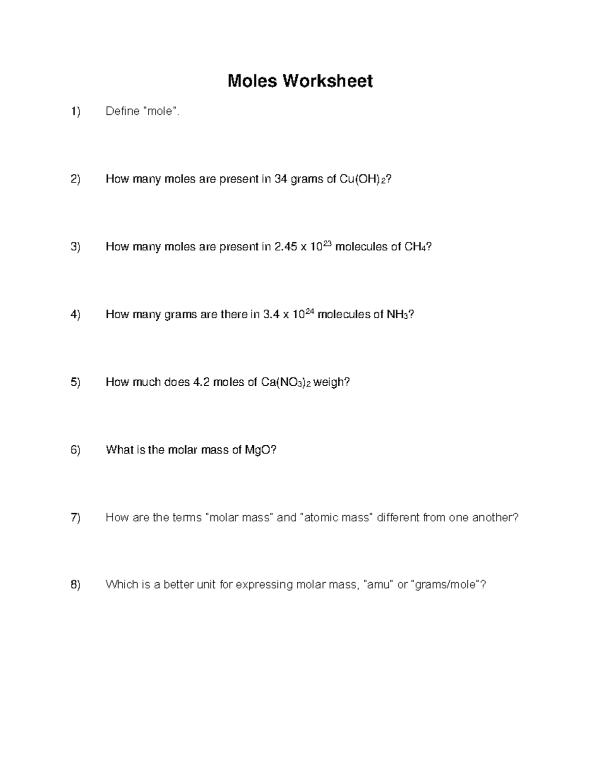 CHM 110 Moles And Molecules Worksheet With Solutions And Calculations Studocu
