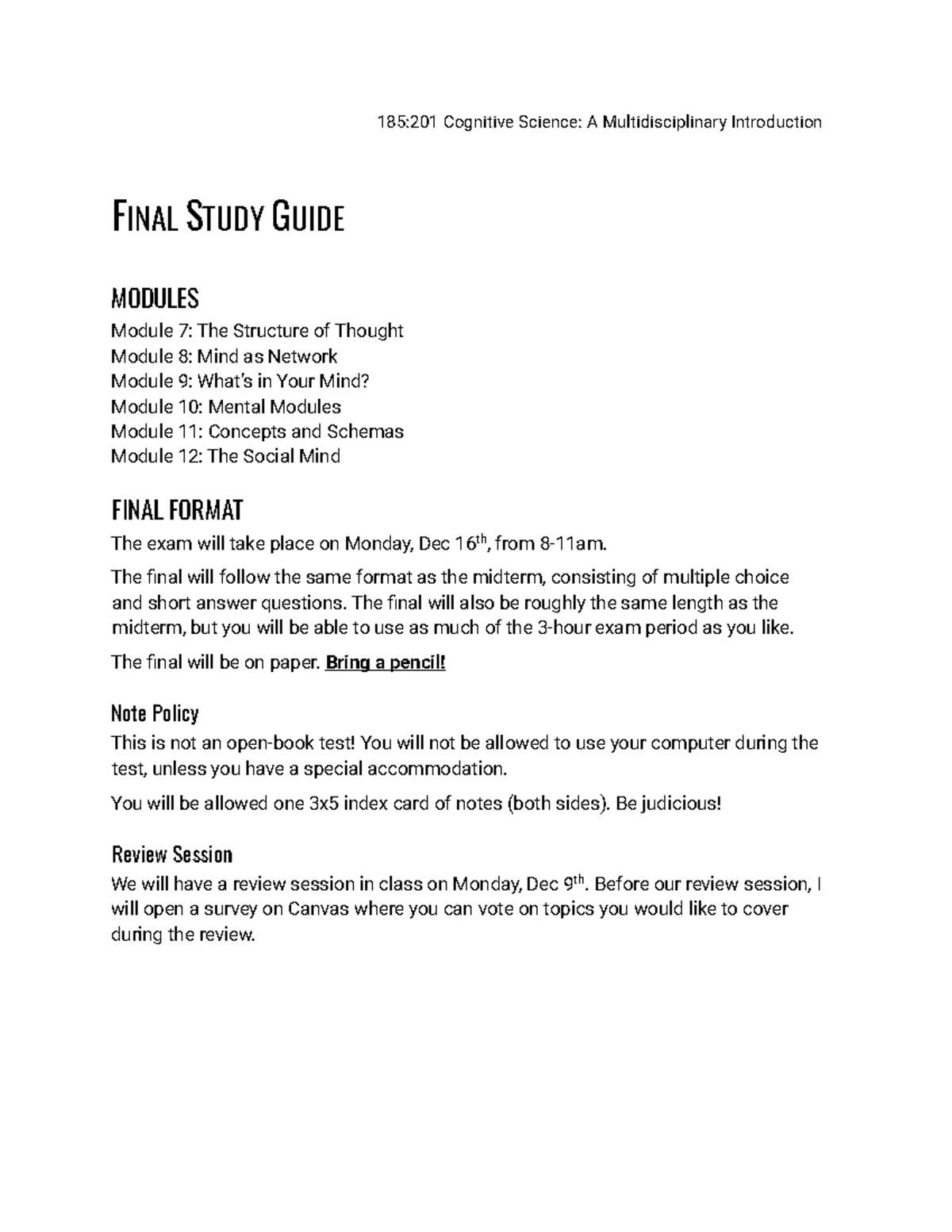 Cognitive Science 185 201 Final Study Guide Exam Overview Studocu