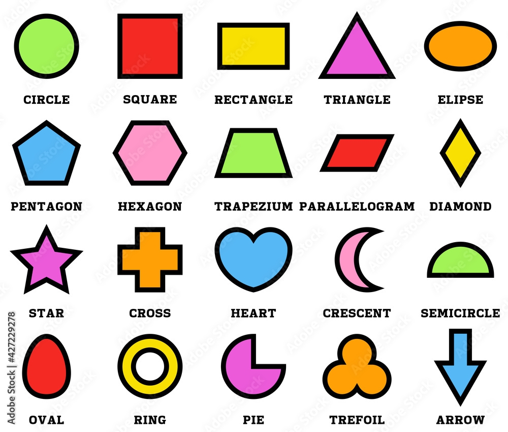 Colorful Geometric Shapes With Their Name Clip Art Collection Isolated On White Background For Preschool Kids Stock Vector Adobe Stock Shapes Clip Art 16 Colors 20 Shapes Etsy