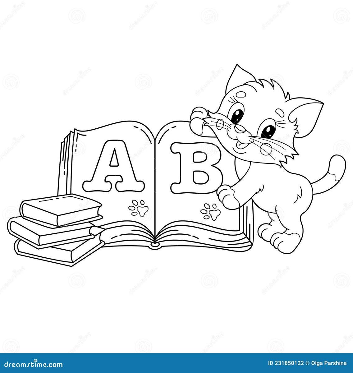 Coloring Page Outline Of Cartoon Little Cat With School Books Cute Kitten With Textbook Alphabet And Reading Stock Vector Illustration Of Kids Lesson 231850122