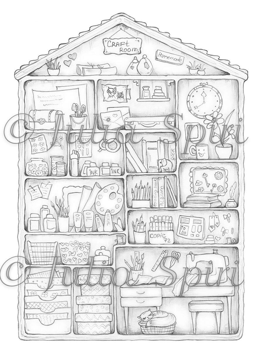 Coloring Pages Digital Stamp Digi Crafting Whimsy Books Pencils Ink House Home Wishi Markers Sewing Machine Crafter Cards Craft Room Etsy