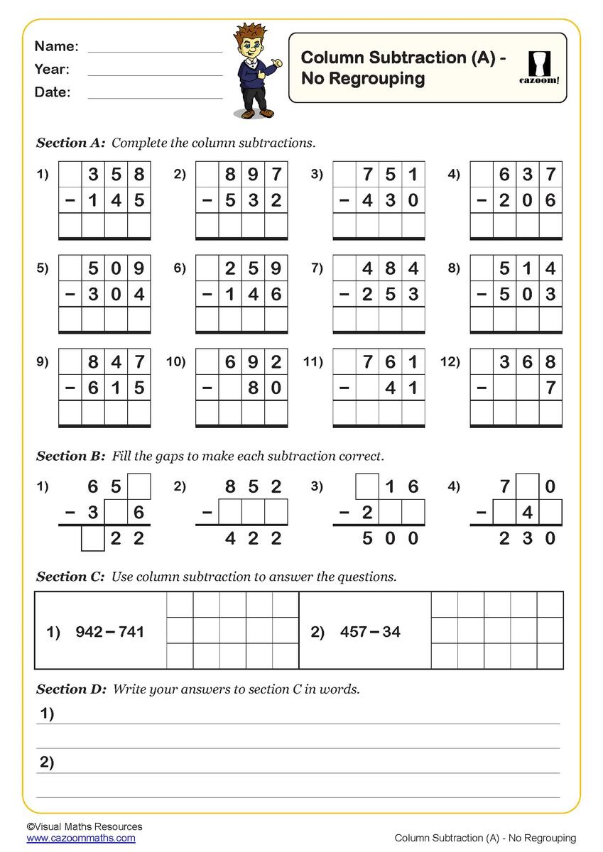 Column Subtraction A Worksheet PDF Printable Subtraction Worksheets Column Subtraction A Worksheet PDF Printable Subtraction Worksheets