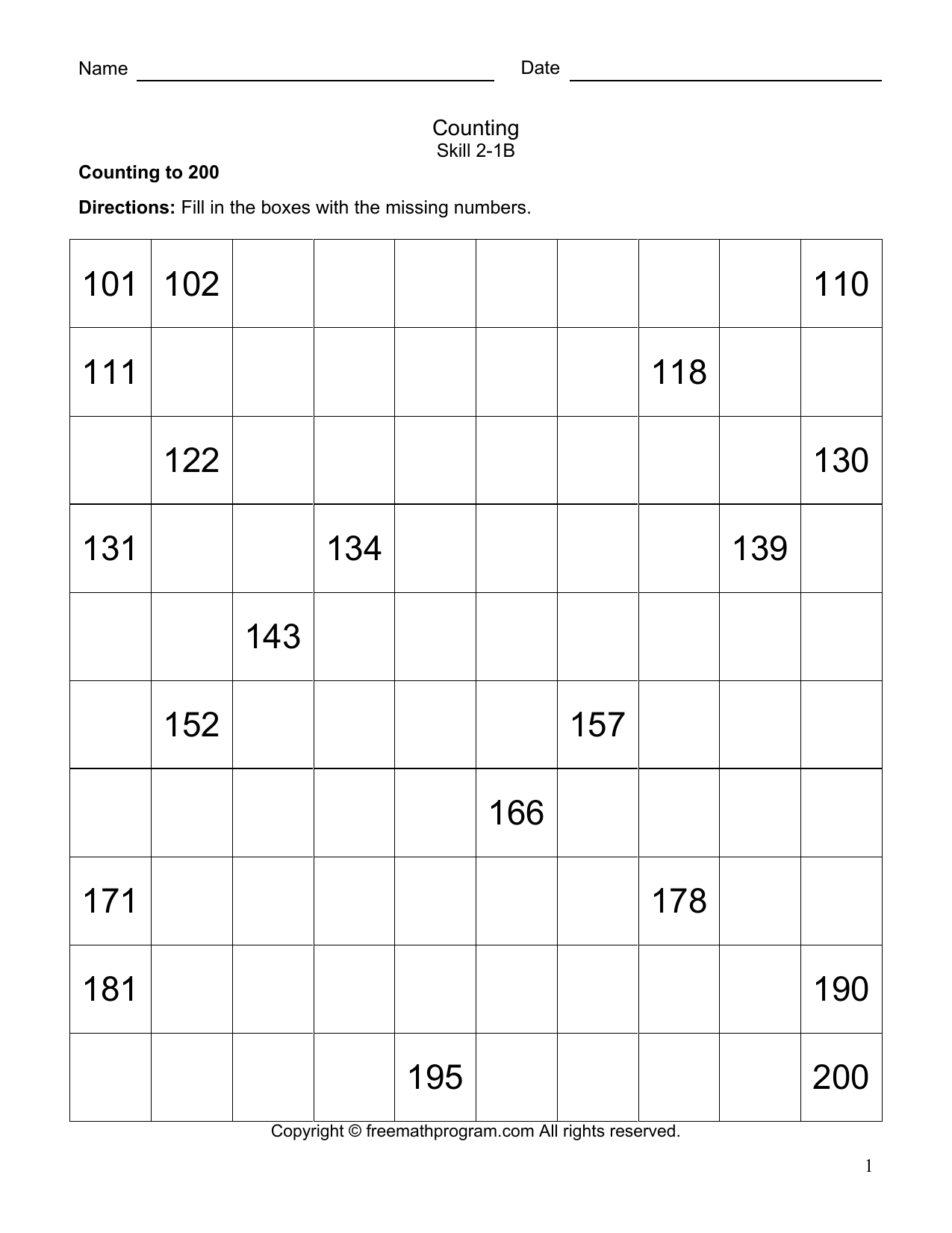 Counting To 200 Worksheet Fill In The Missing Numbers