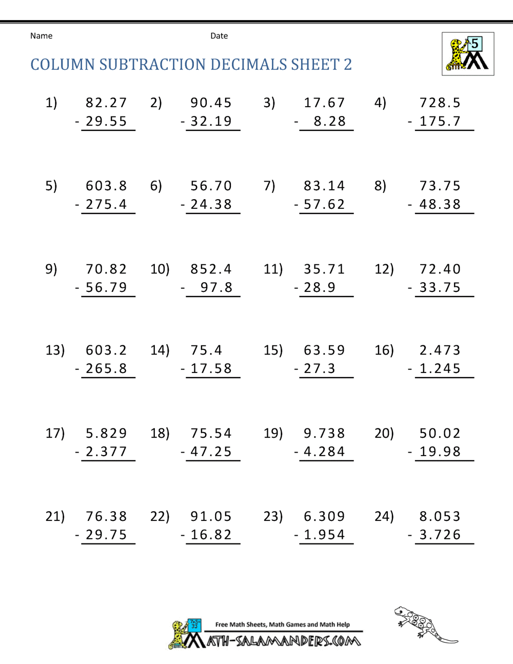 Decimal Subtraction Worksheets Decimal Subtraction Worksheets