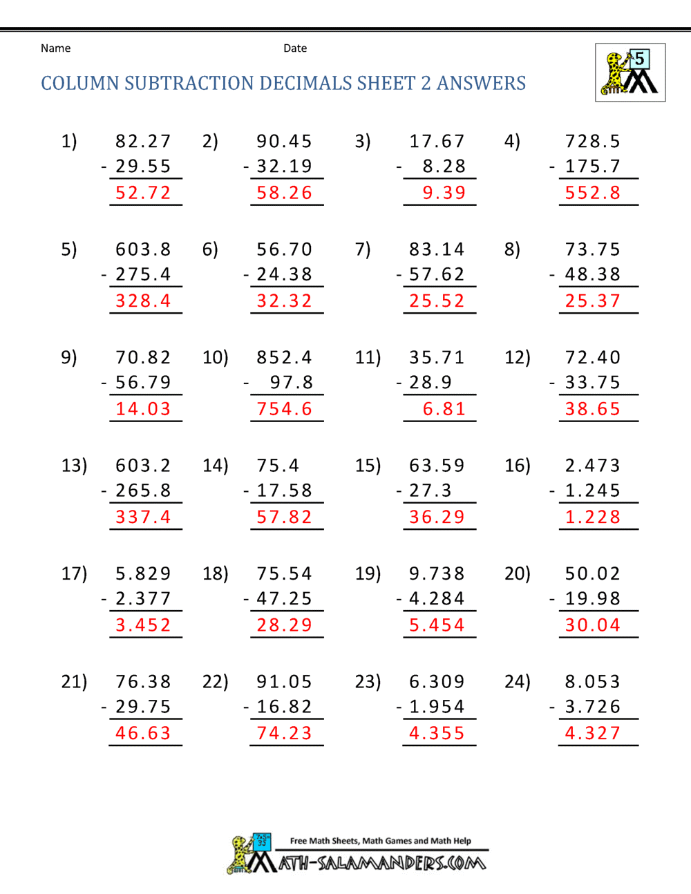 Decimal Subtraction Worksheets Decimal Subtraction Worksheets