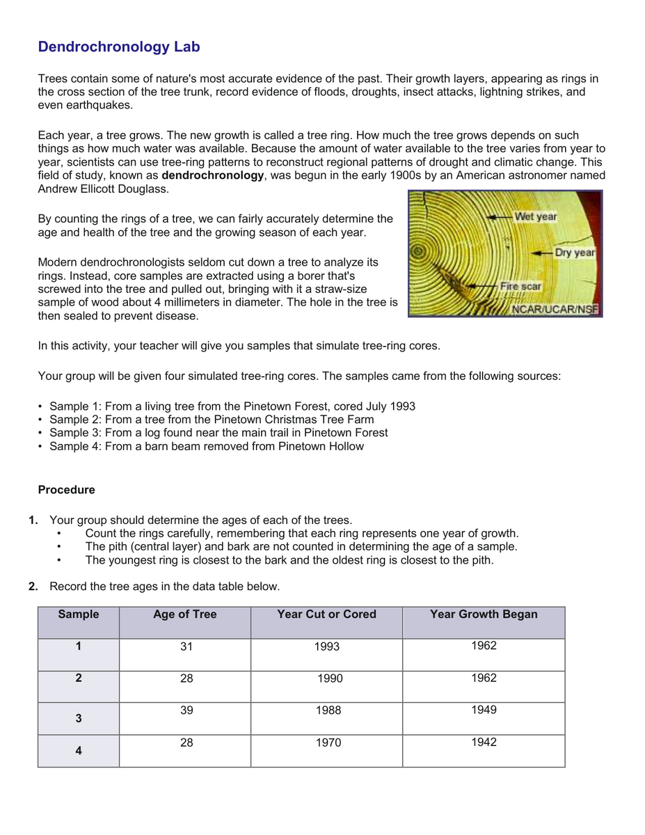 Dendrochronology Lab Activity Tree Ring Analysis