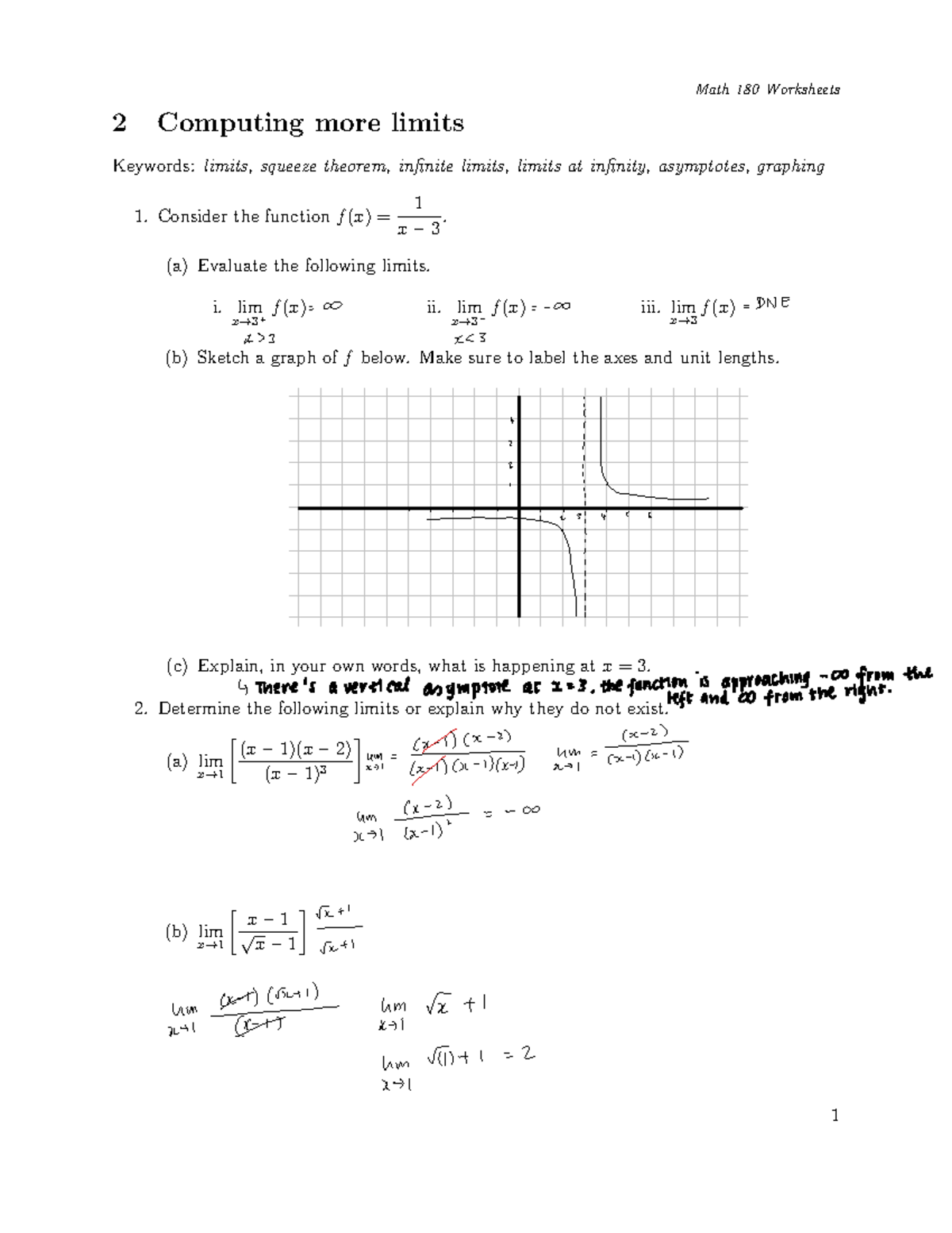 Math 180 Worksheets 2 Advanced Limits And Asymptotes Studocu