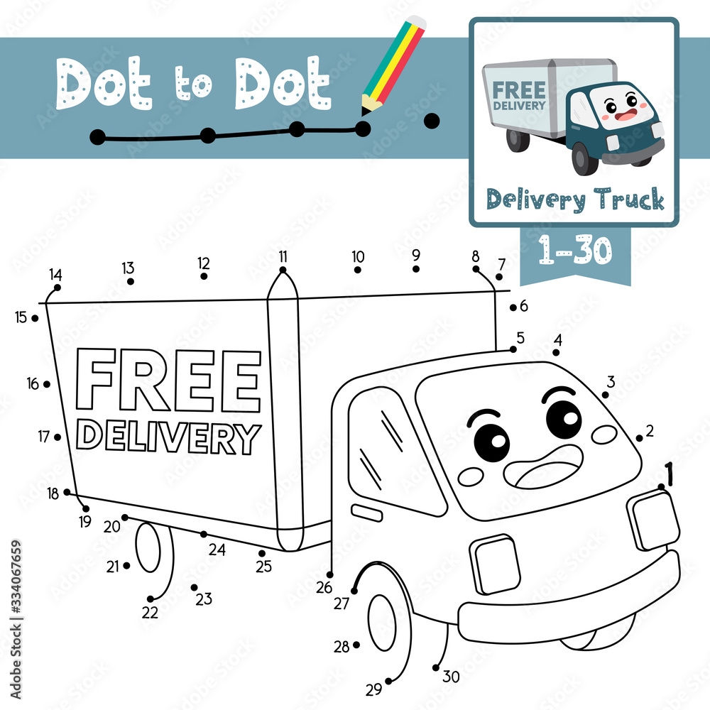 Dot To Dot Educational Game And Coloring Book Of Delivery Truck Cartoon Transportations For Kids Activity About Counting Number 1 30 And Handwriting Practice Worksheet Vector Illustration Stock Vector Adobe Stock