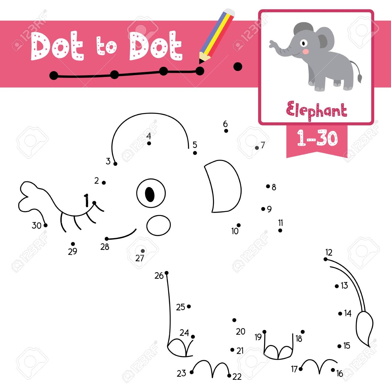 Dot To Dot Educational Game And Coloring Book Of Standing Elephant Animals Cartoon Character For Preschool Kids Activity About Learning Counting Number 1 30 And Handwriting Practice Worksheet Vector Illustration Royalty Free SVG