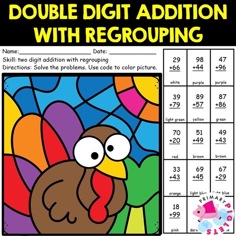 Double Digit Addition Thanksgiving Color By Number Made By Teachers