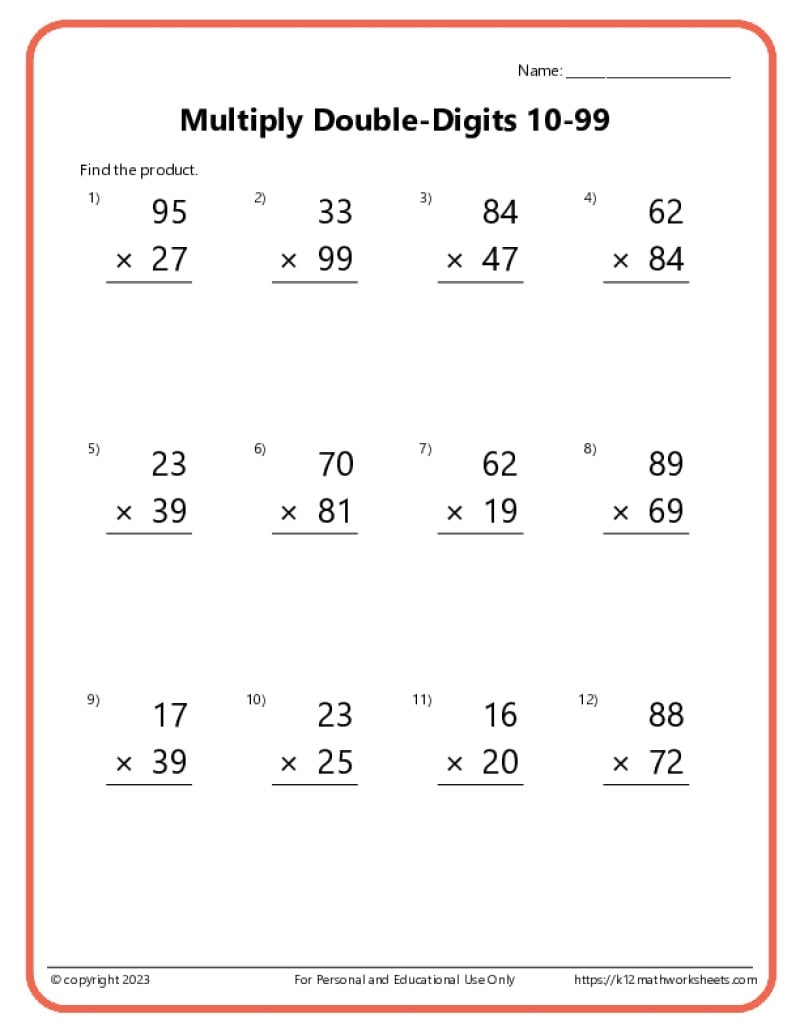 Multiplying With 2 Digit Numbers Printable Multiplication Worksheets