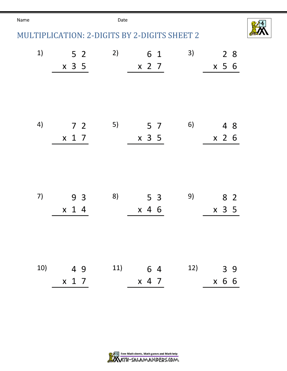 Double Digit Multiplication Worksheets 4th Grade