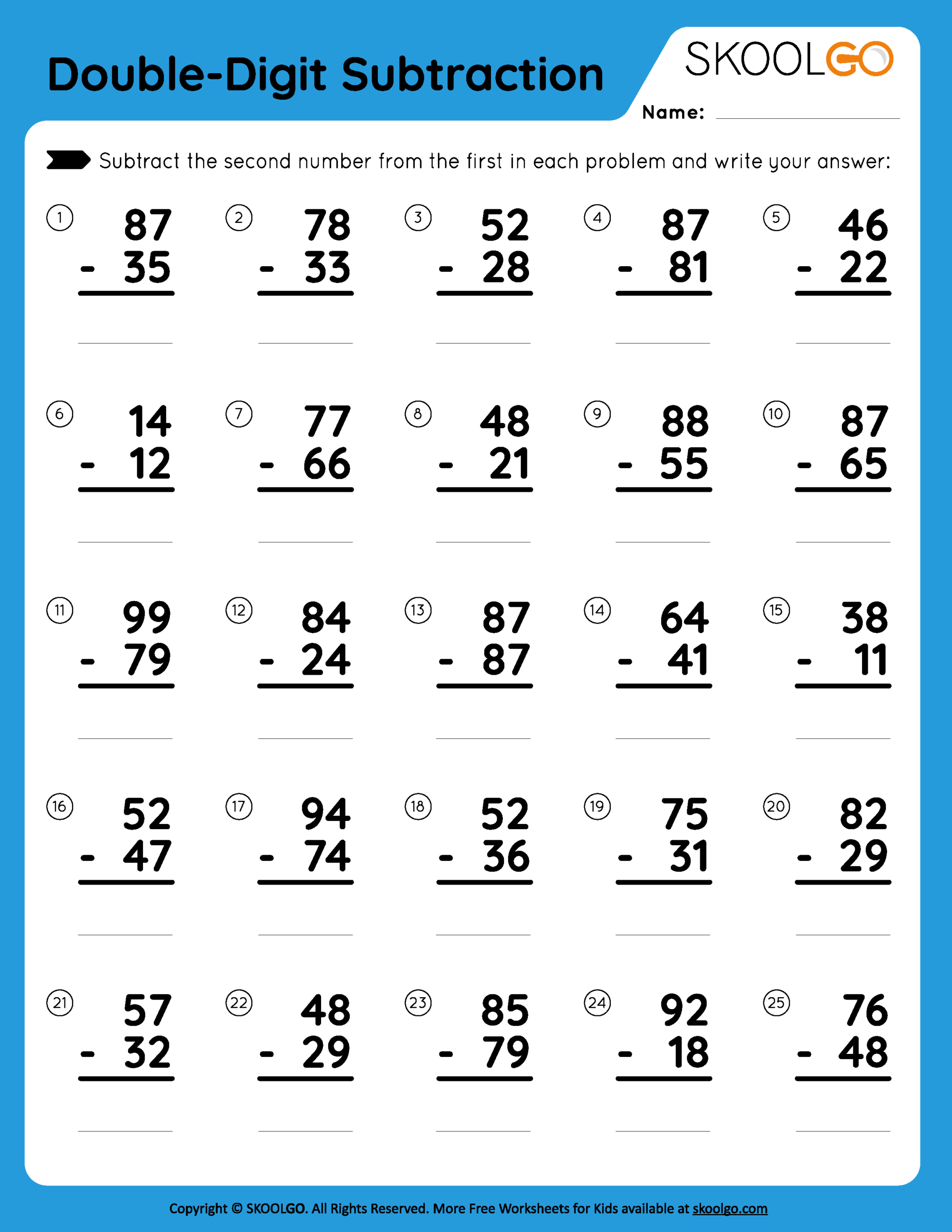Double Digit Subtraction Free Worksheet For Kids SKOOLGO Worksheets Library