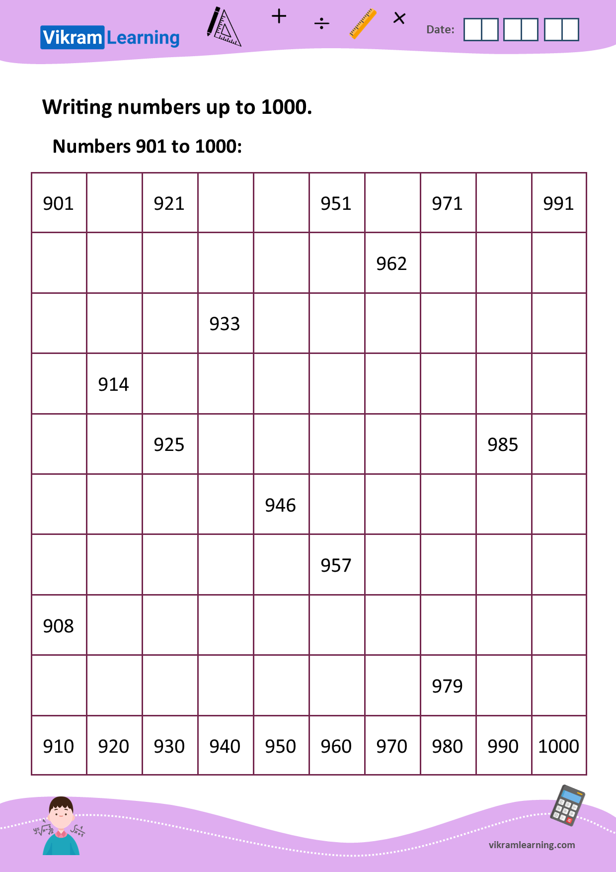 Download Writing Numbers Up To 1000 Worksheets Vikramlearning