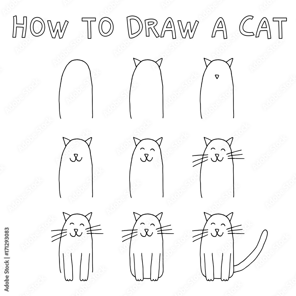 Drawing Tutorial For Children How To Draw A Cat Step By Step Stock Vector Adobe Stock