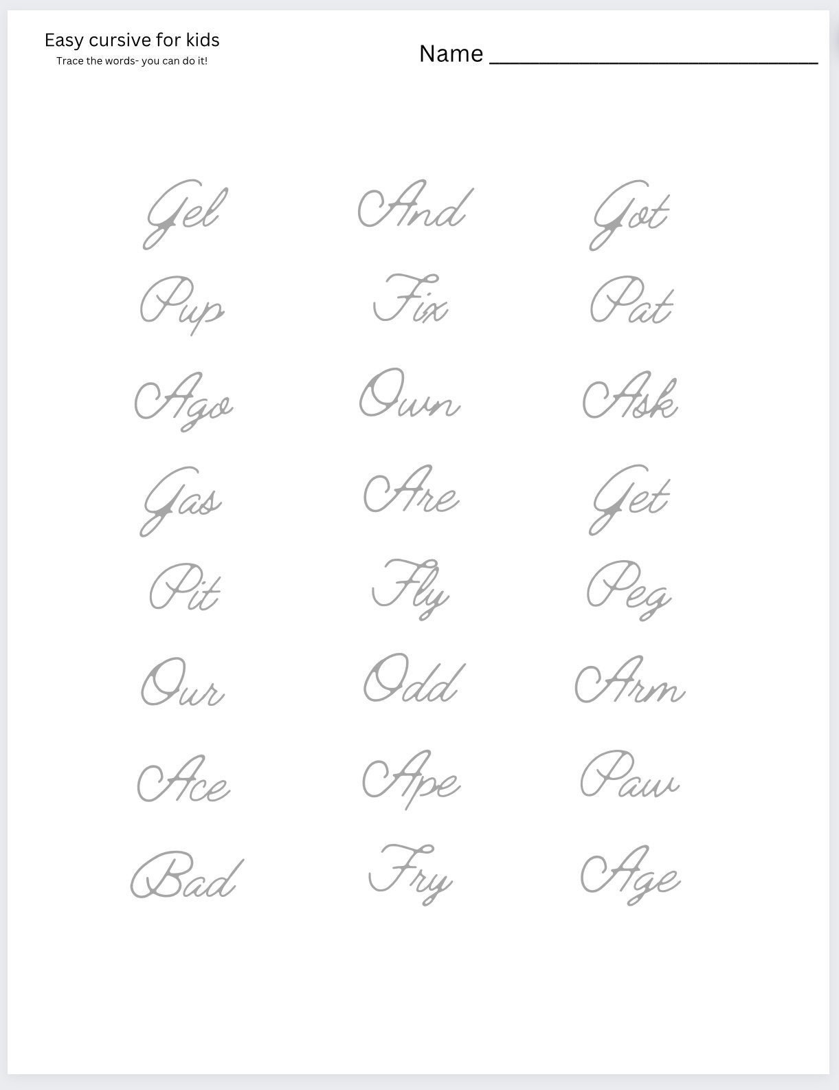 Easy Cursive Practice For Kids Etsy