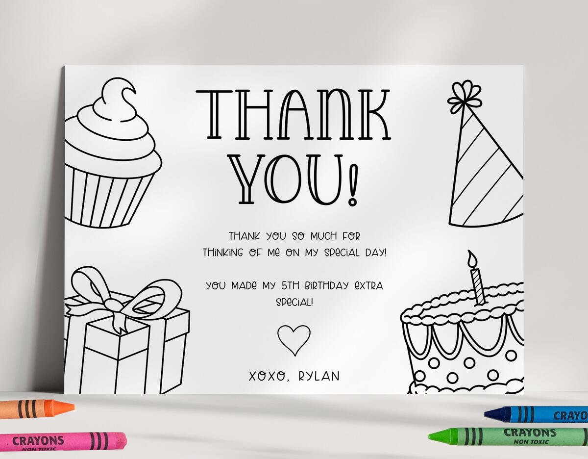 Editable Kids Birthday Thank You Card Coloring Personalized DIY Template EDIT YOURSELF Etsy