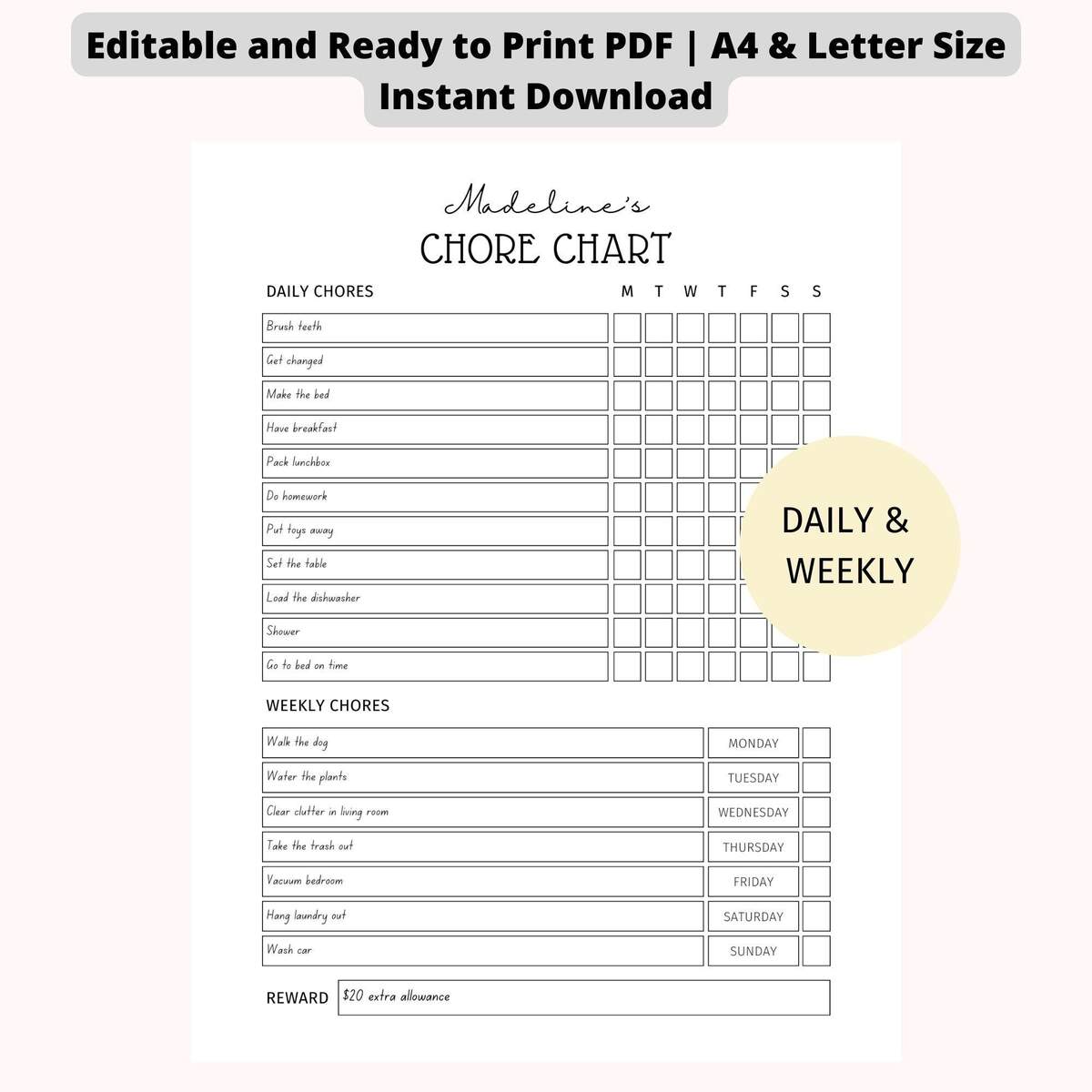 Editable Kids Chore Chart Daily Weekly Reward System Printable PDF Etsy