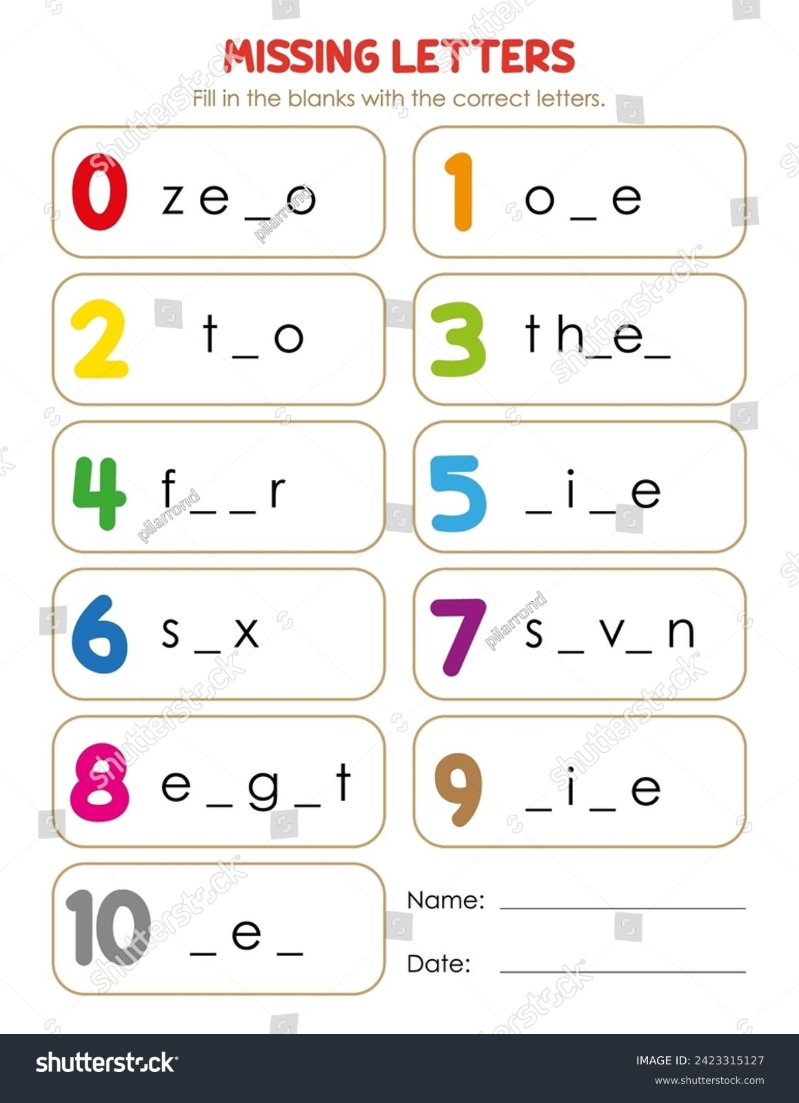 Missing Letters Worksheet Complete The Letters Of The Numbers In English Kids Educational Game Stock Vector Illustration Of Unicorn Play 265511063