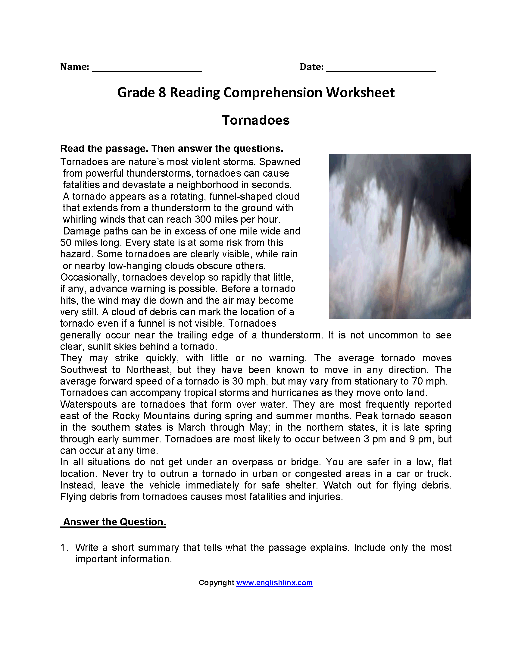 Eighth Grade Reading Comprehension Worksheets Passages Question Sets