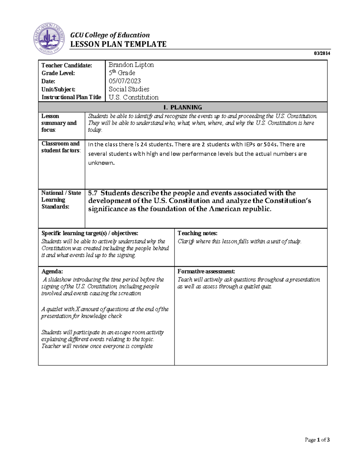 ELM 351 Topic 8 Lesson Plan Understanding The U S Constitution Studocu