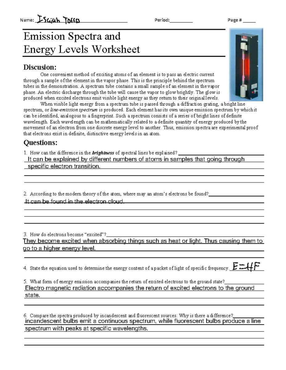 Emission Spectra Energy Levels Worksheet E HF Studocu