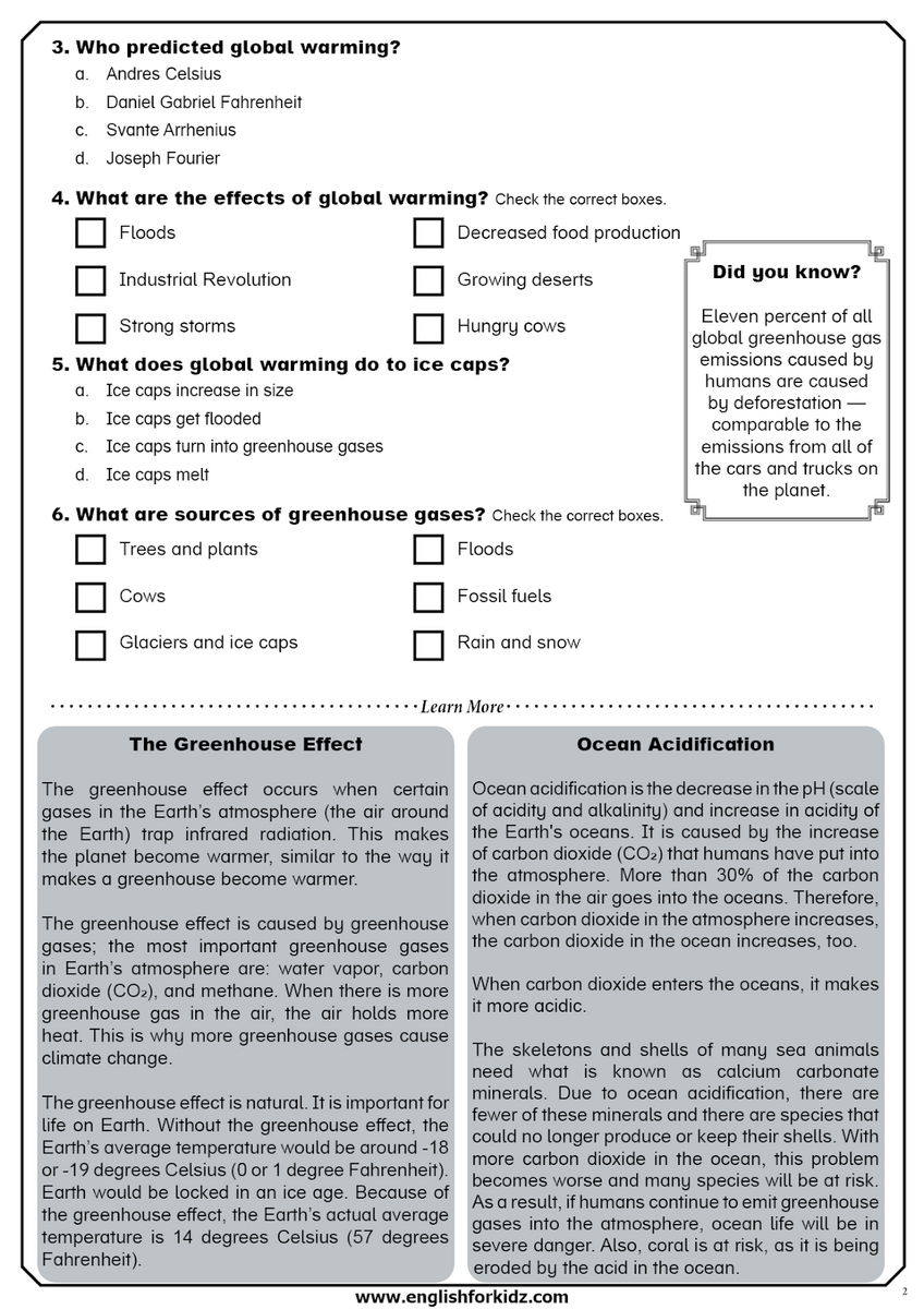 English For Kids Step By Step Global Warming Reading Comprehension Worksheets Flashcards