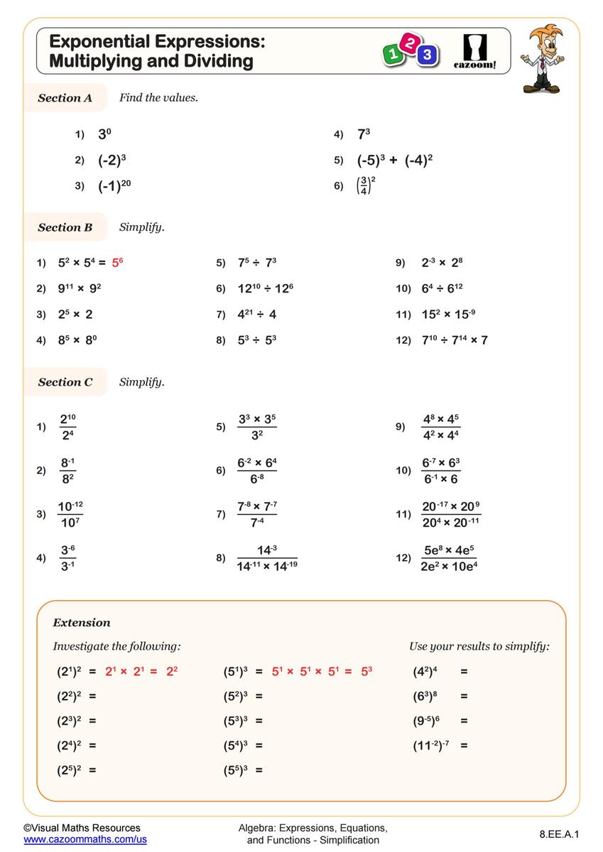 Exponential Expressions Multiplying And Dividing Worksheet Fun And Engaging 8th Grade PDF Worksheets Cazoom Math Exponents With Multiplication Algebra 1 Exponents Worksheets Made By Teachers