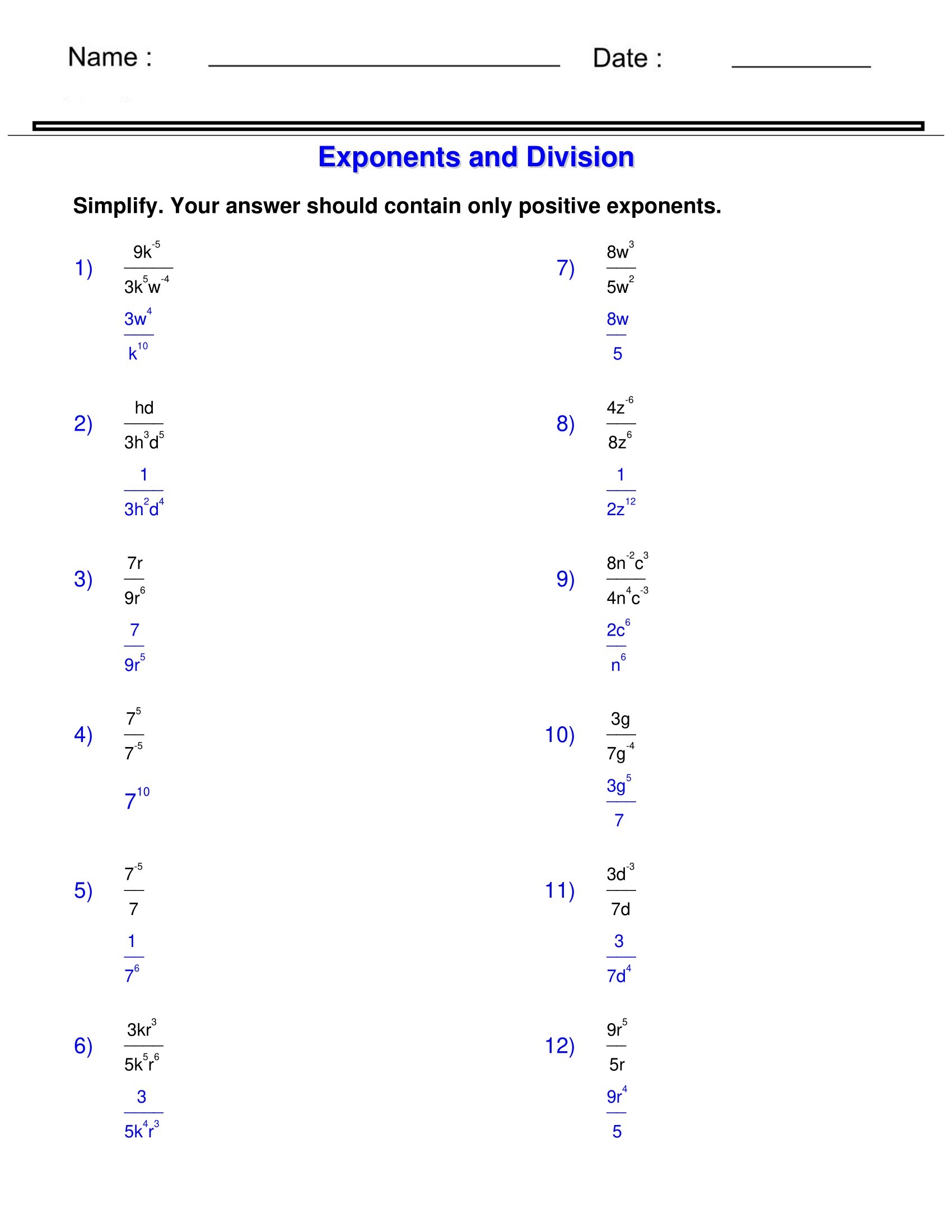 Printable Grade 9 Exponent Rules Review Worksheets