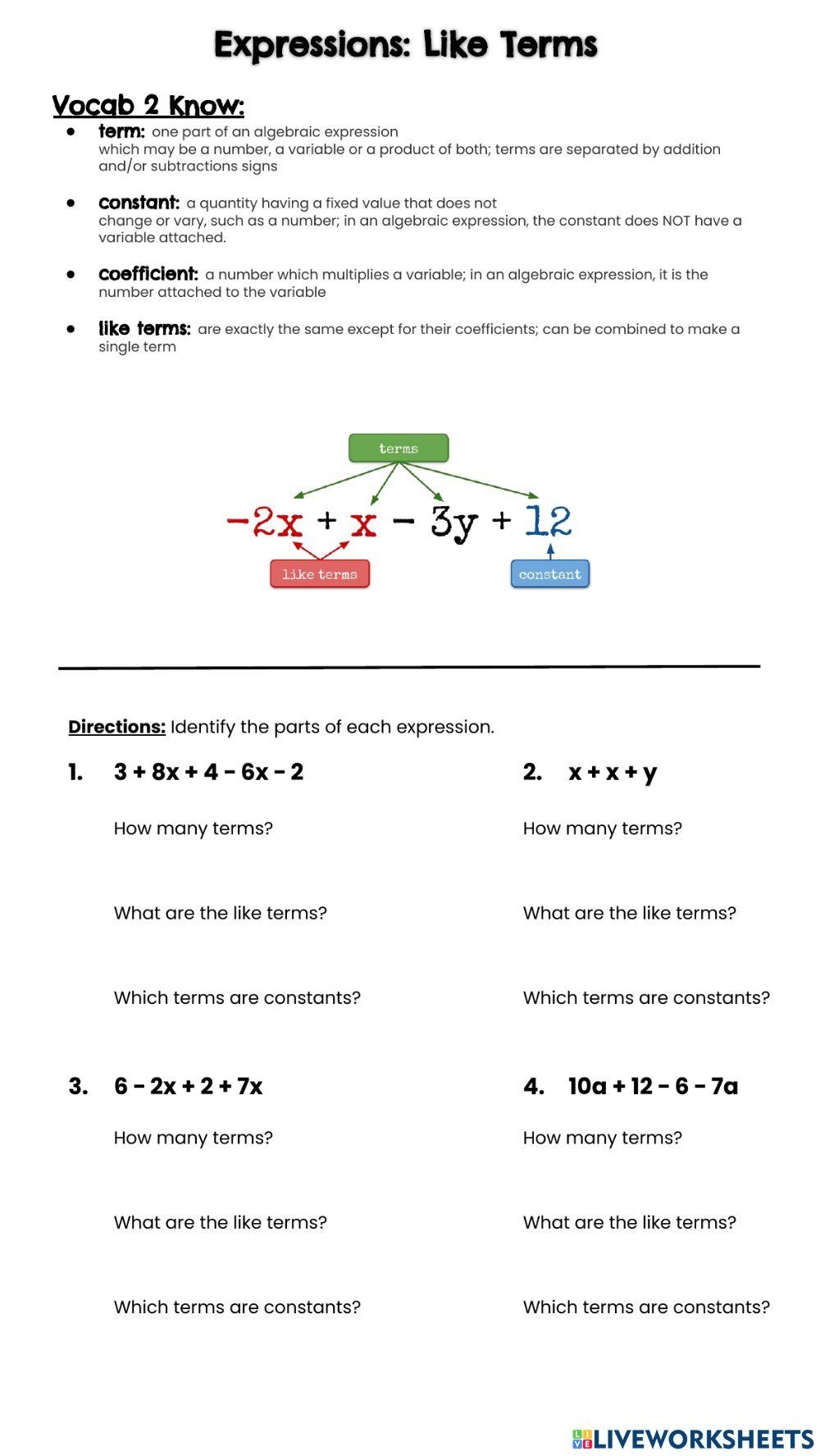 Expressions Parts Of An Expression Worksheet Worksheets Library