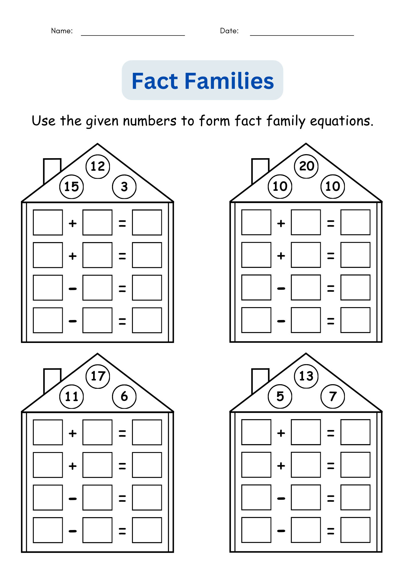 Fact Families Addition And Subtraction Number Math Worksheets For Grade 1 2 3 Made By Teachers Math Fact Fluency Addition And Subtraction To 20 Timed Tests Practice Etsy Israel