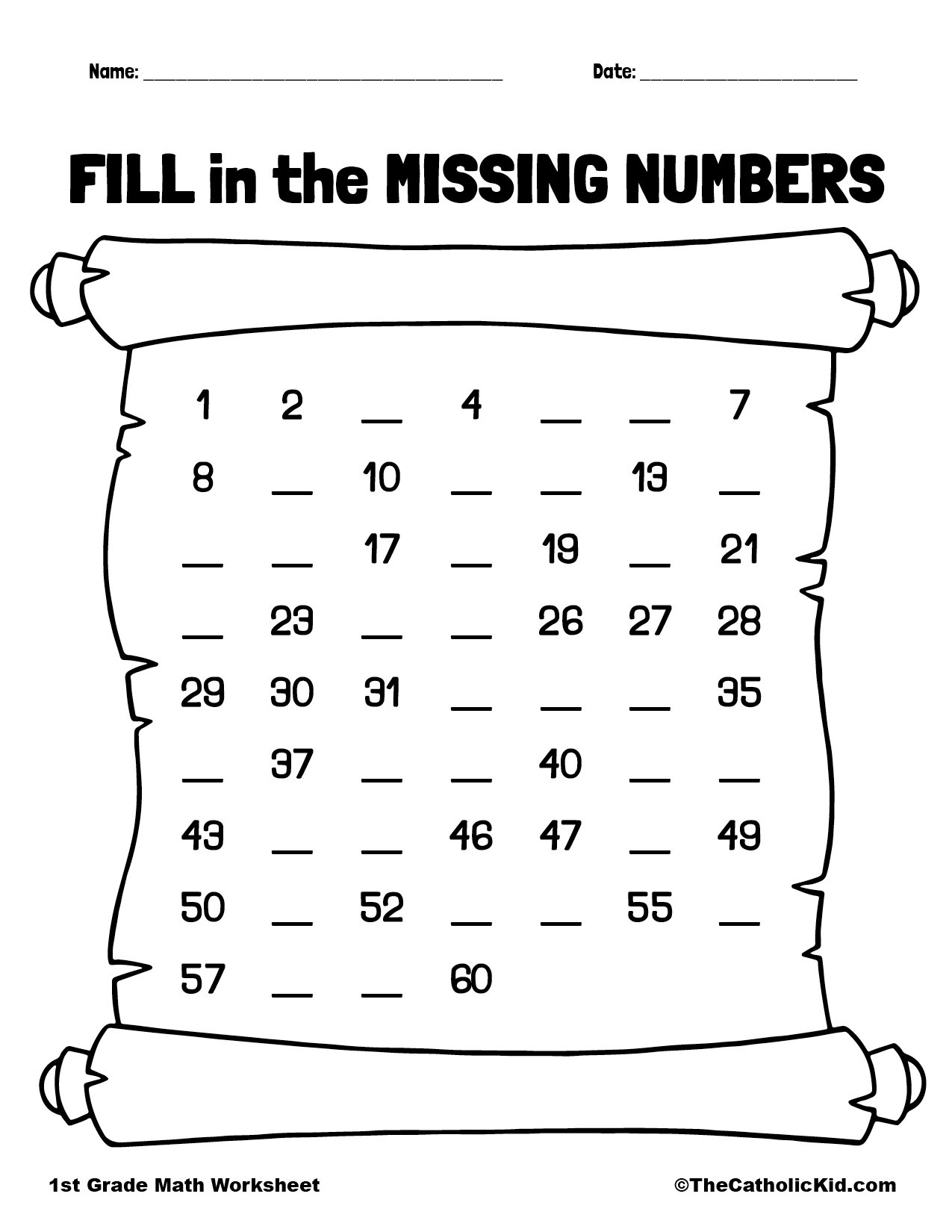 Fill In The Missing Numbers 1st Grade Math Worksheet Catholic TheCatholicKid
