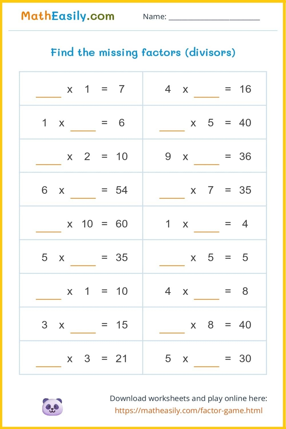 Find The Missing Factor Bingo Game ONLINE Printable Find The Missing Factor Bingo Game ONLINE Printable