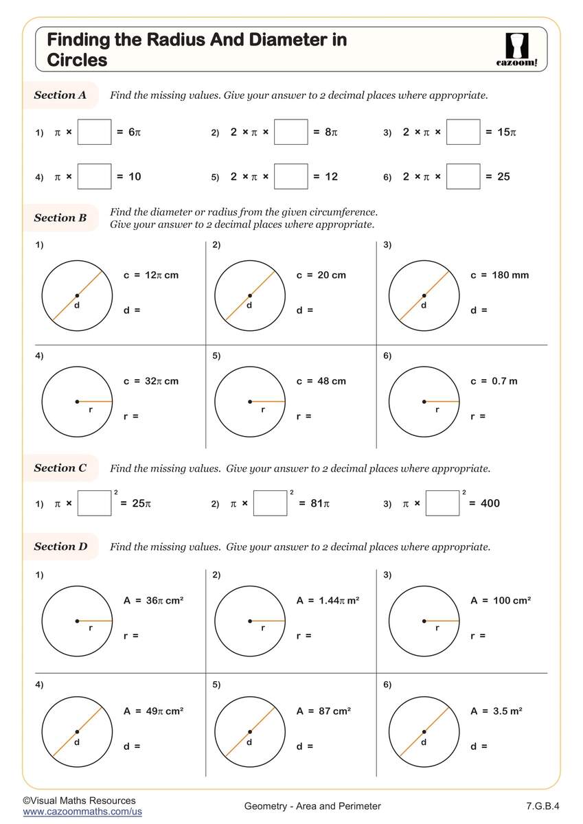 Finding The Radius And Diameter In Circles Worksheet Fun And Engaging 7th Grade PDF Worksheets Cazoom Math