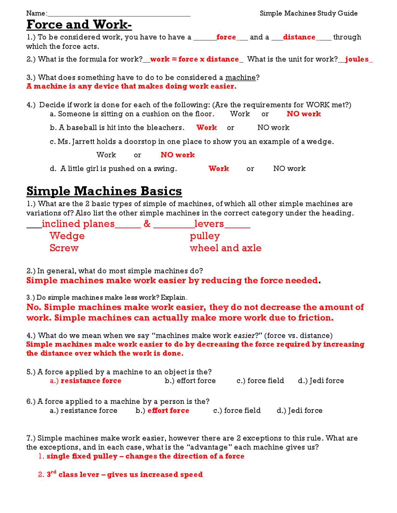 Force And Work Simple Machines Basics Lecture Notes Piano Docsity Worksheets Library