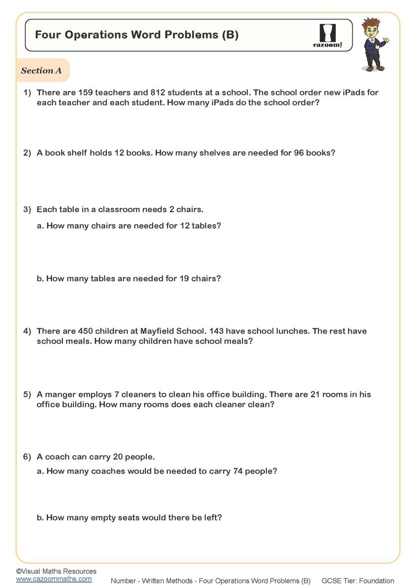 Four Operations Word Problems B Worksheet Cazoom Maths Worksheets