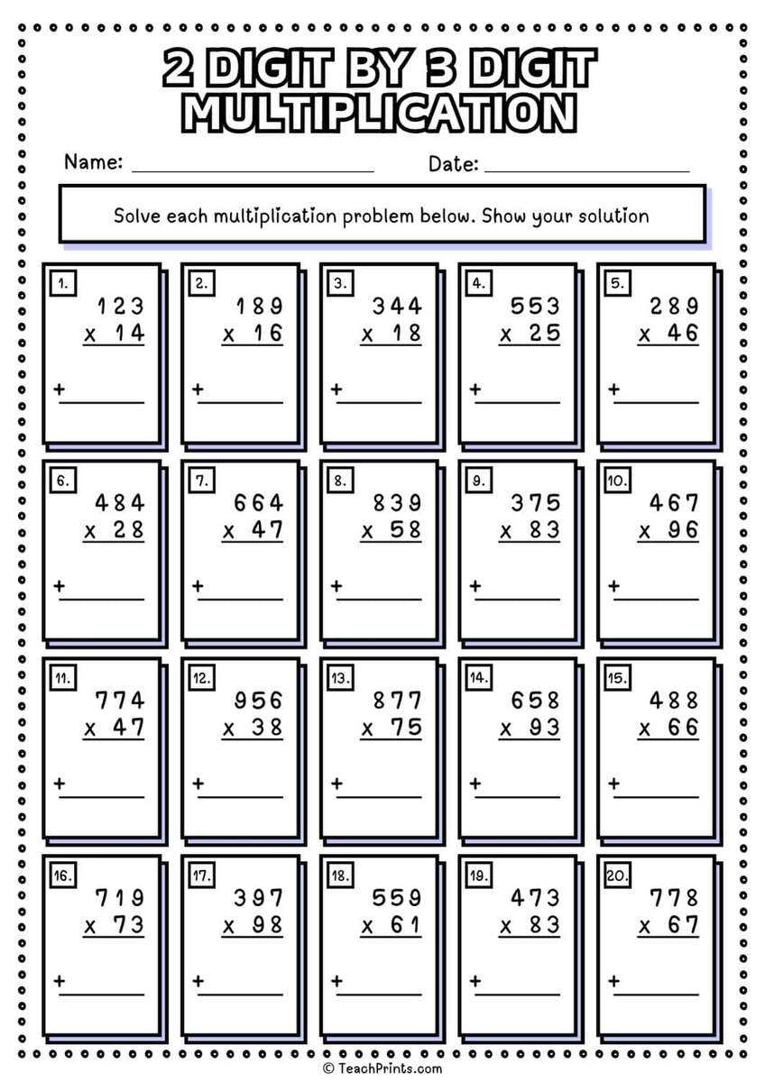 Free 2 Digit By 3 Digit Multiplication Worksheets Teach Prints Double Digit Multiplication Worksheets 4th Grade
