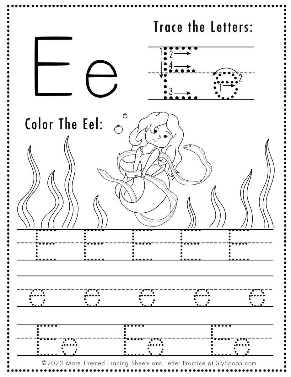 Free Letter E Tracing Worksheet Printable Mermaid Themed Sly Spoon Free Letter E Tracing Worksheet Printable Mermaid Themed Sly Spoon