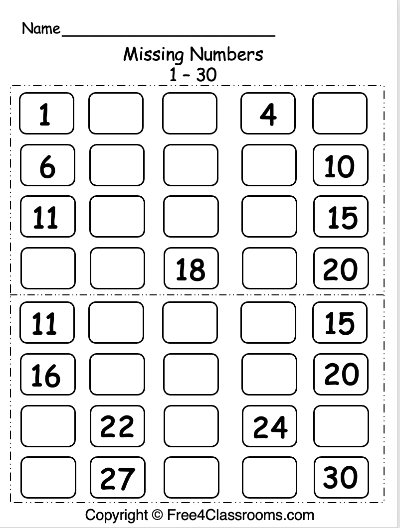 Free Missing Numbers 1 30 Worksheet Free Worksheets Free4Classrooms Free Missing Numbers 1 30 Worksheet Free Worksheets Free4Classrooms