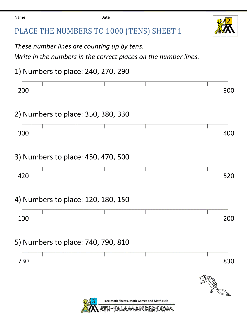 Free Number Line Worksheets Counting By Tens