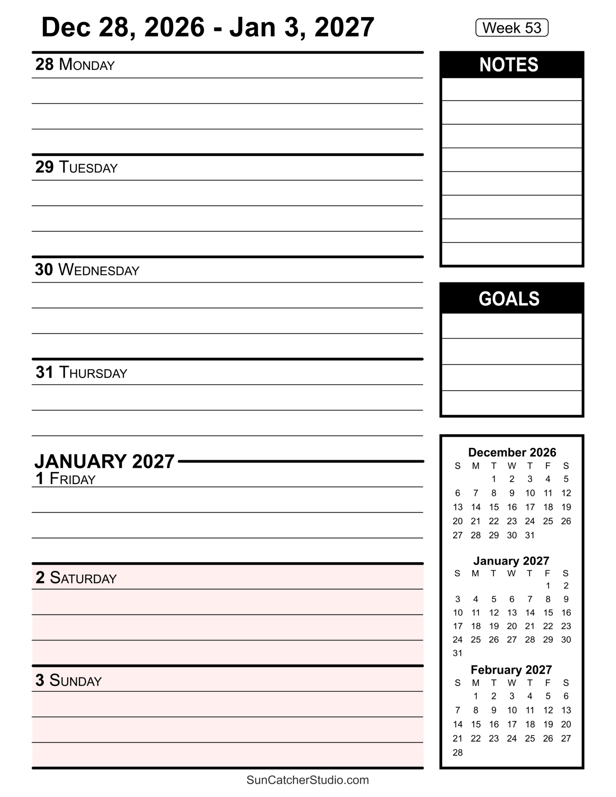 Free Printable 2026 Weekly Calendars For Easy Planning Free Printables Lettering SVG Files Tools Apps